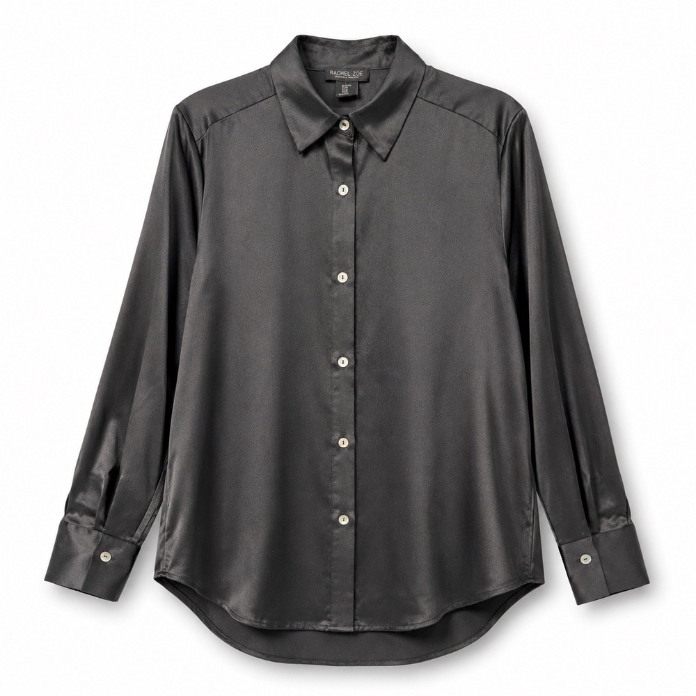 Rachel Zoe Blouse Womens M Black Satin Button Down Long Sleeve Quiet Luxury Top